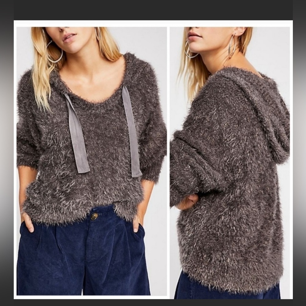 Free people light as a feather fuzzy hoodie pull over sweater XS